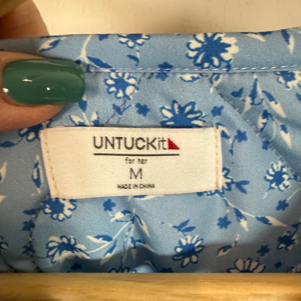 UNTUCKit For Her Womens Quilted Floral Belted Jacket Blue Medium Collarless - Picture 3 of 8